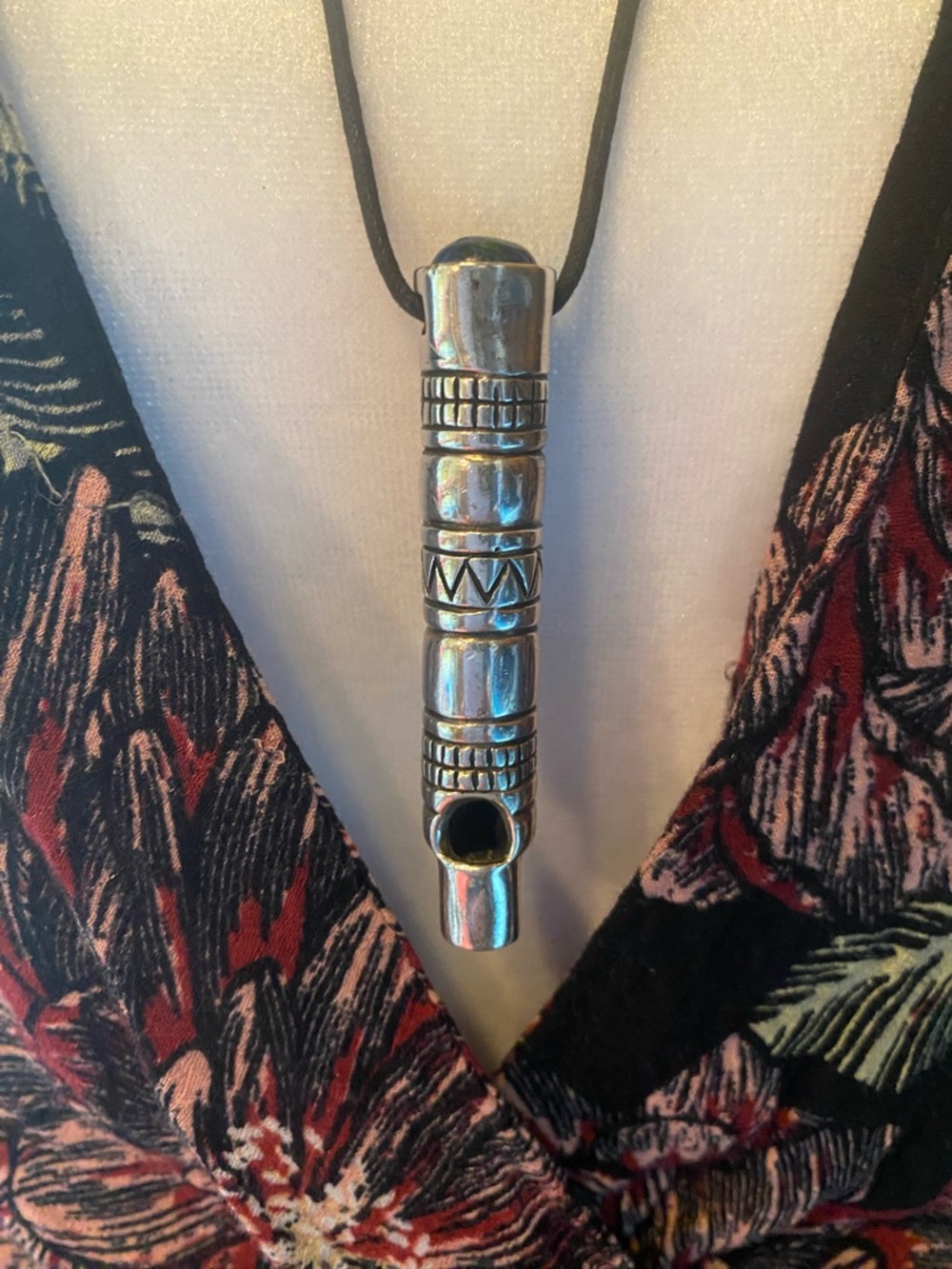 2.5” vintage 33 grams sterling silver whistle pendant on adjustable leather cord